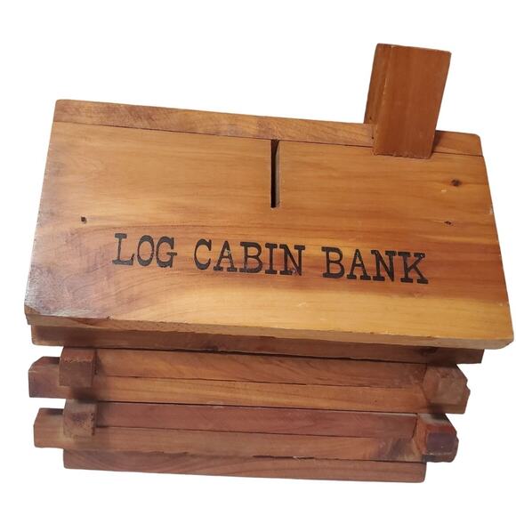 VTG Advertising Log Cabin Bank Savings Bank Cedar Wood 6" x 4" Base 7" Tall - Picture 1 of 5